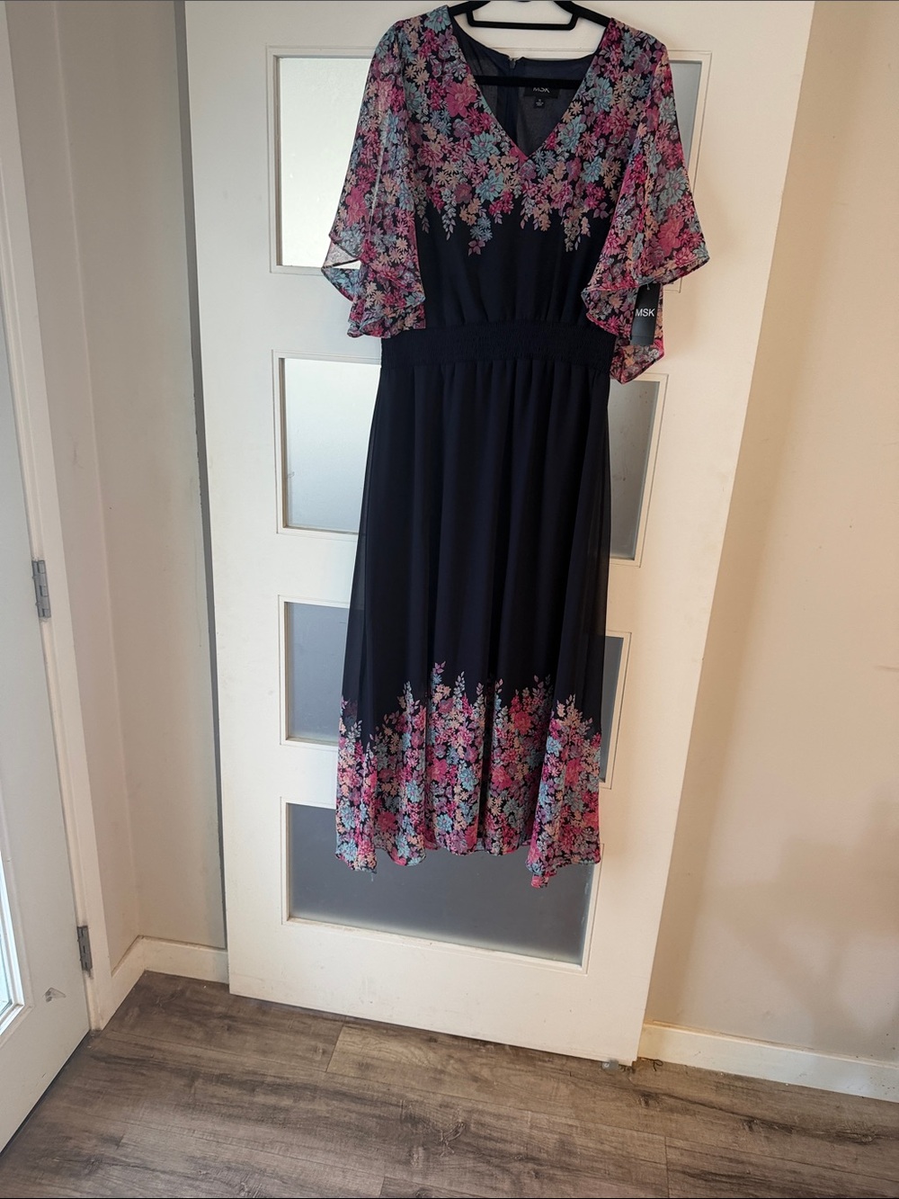 MSK Navy Maxi Dress with Pink & Light Blue Floral Border
